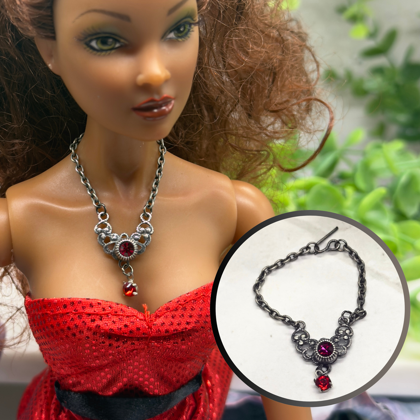 Red Rhinestone Gunmetal Silver Filigree Collar Doll Necklace • 16” Doll Jewelry