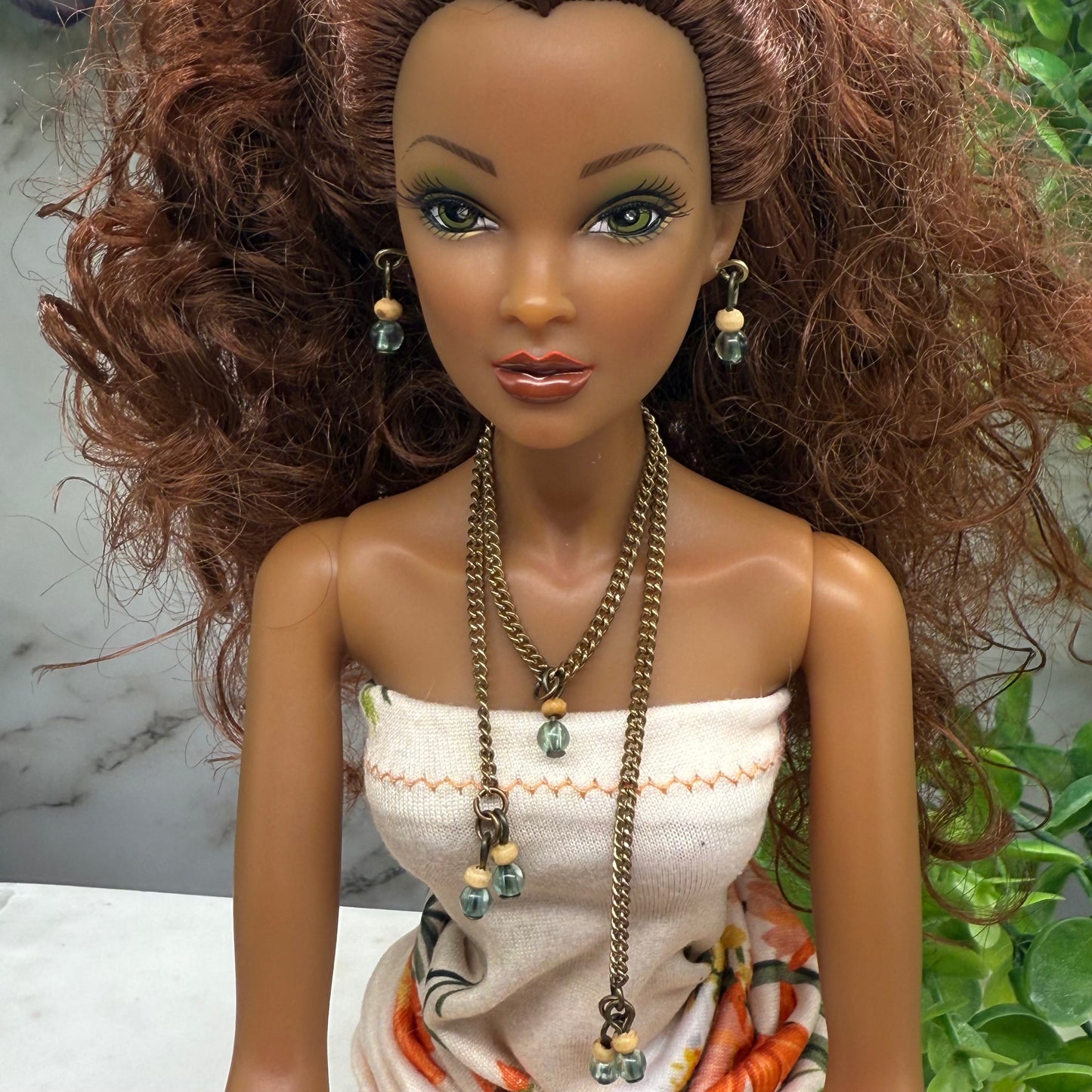 Blue Green Beige Beaded Dangle Doll Necklace Earring Set • 16 Inch Doll Jewelry