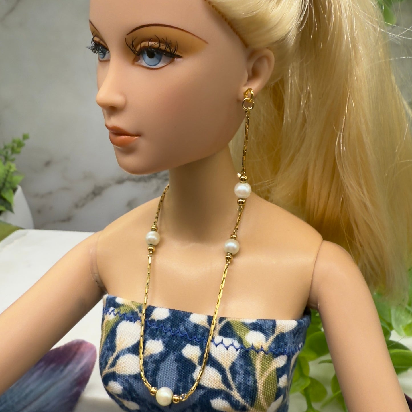 Pearl Gold Serpentine Chain Doll Necklace Earring Bracelet Set • 16 Inch Fashion Doll Jewelry