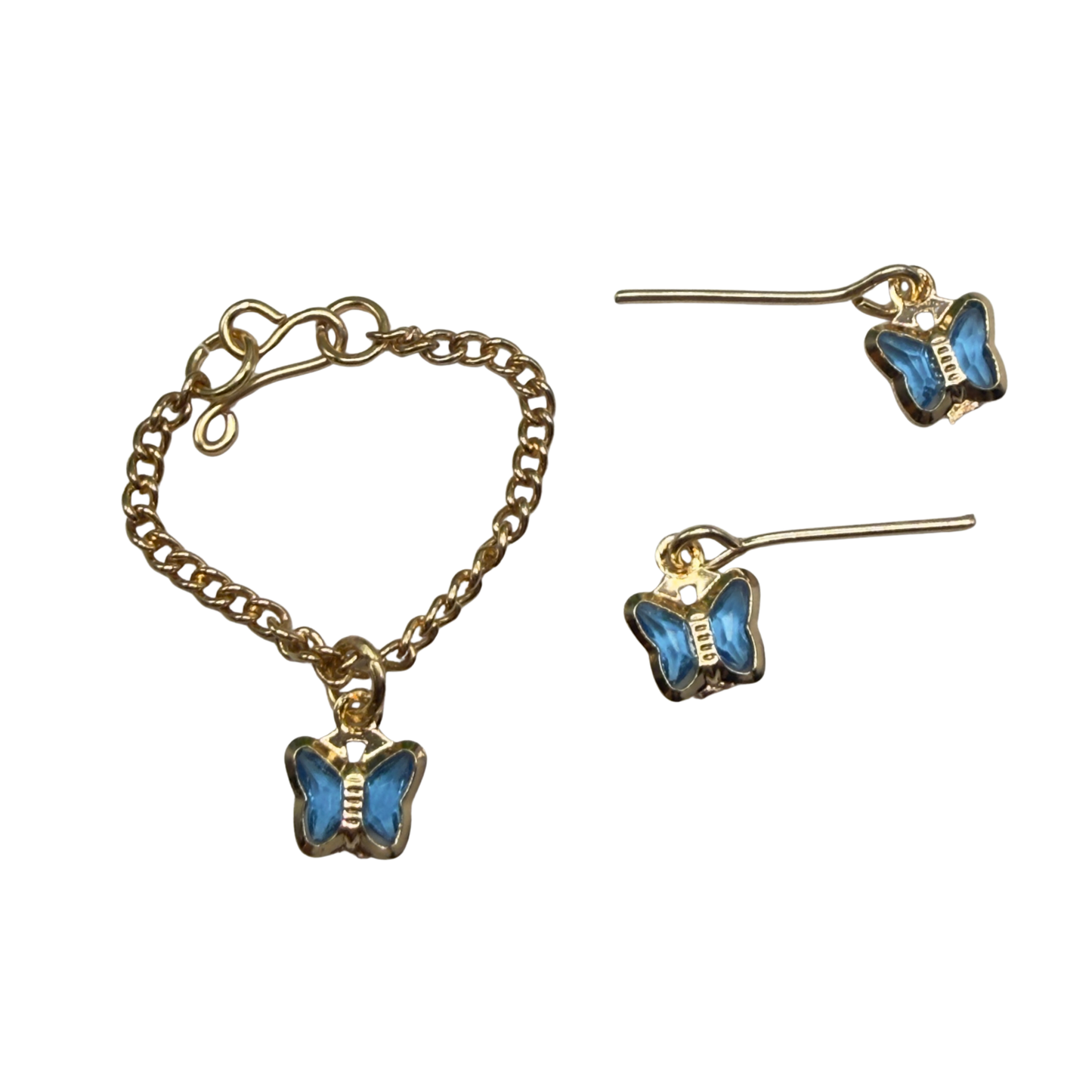 Blue Crystal Butterfly Charm Gold Chain Doll Necklace & Earrings • 10-12 Inch Fashion Doll Jewelry 1:6
