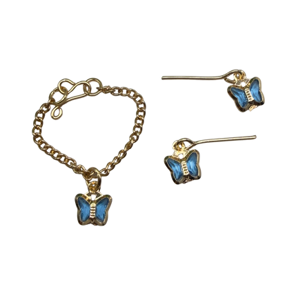 Blue Crystal Butterfly Charm Gold Chain Doll Necklace & Earrings • 10-12 Inch Fashion Doll Jewelry 1:6