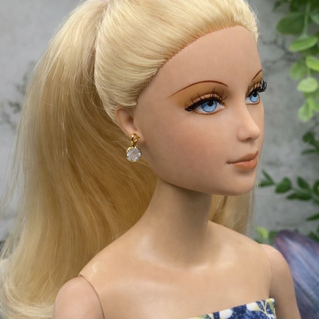 Round Blue Crystal Gold Dangle Doll Earrings •  16” Doll Jewelry