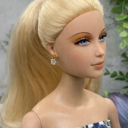 Round Blue Crystal Gold Dangle Doll Earrings •  16” Doll Jewelry