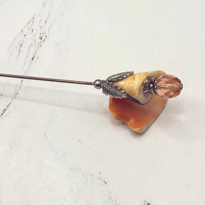 Coral Orange Cream Color Shell Hatpin Peach Crystal Accent Hatpin - 6 Inch
