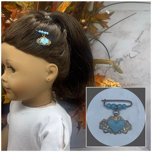 Blue Heart Beaded Gold Filigree Hair Clip Barrette • 18” Fashion Doll Accessory
