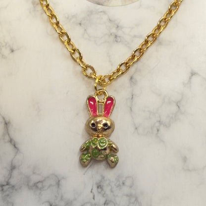 Bunny Pink & Green Enamel Detail Charm Doll Necklace Easter • 18 Inch Fashion Doll Jewelry
