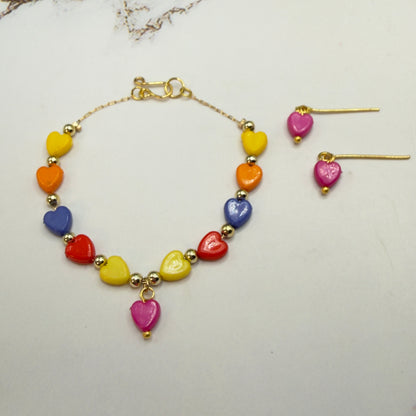 Rainbow Multi Color Heart Beaded Doll Necklace & Earrings Set • 18 Inch Fashion Doll Jewelry