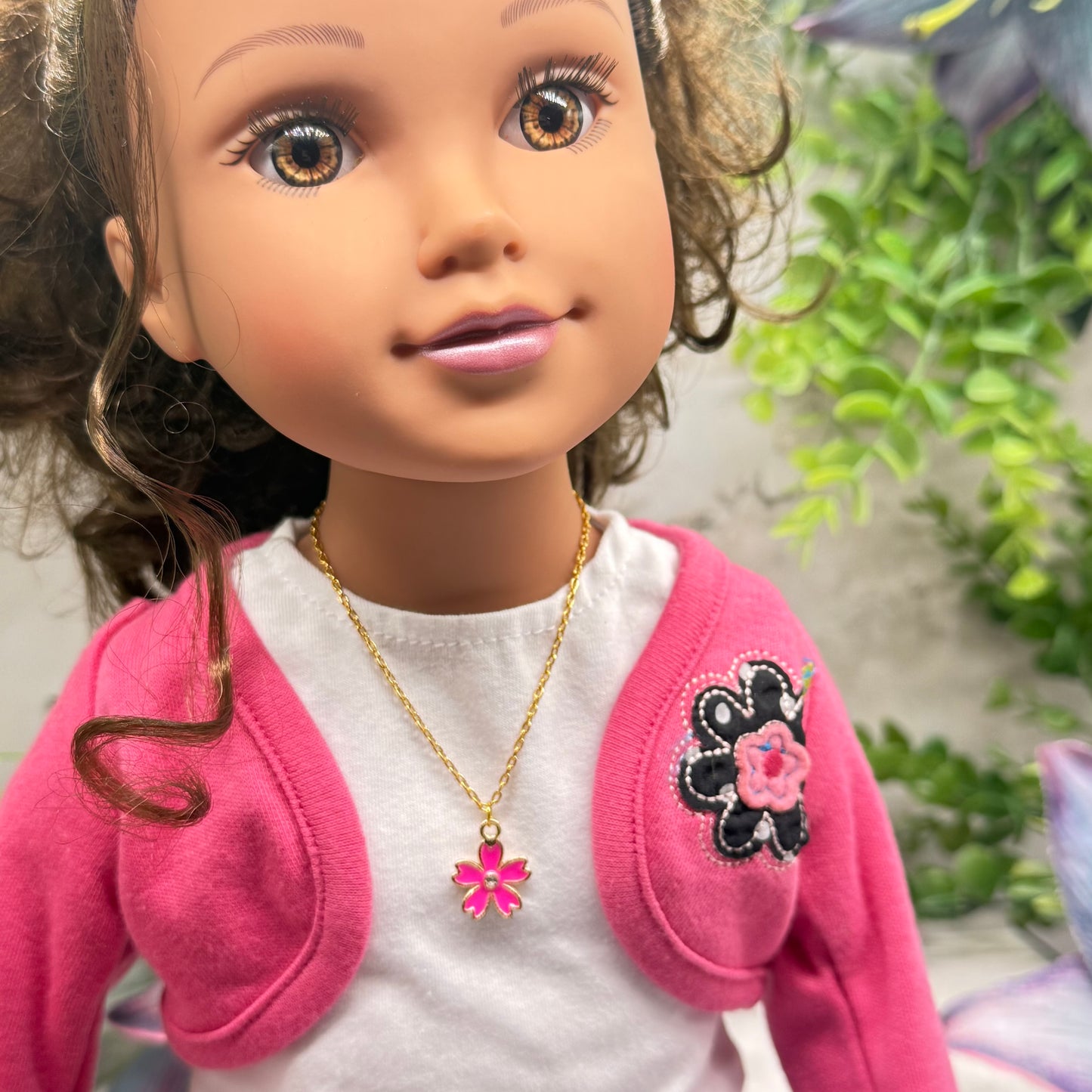Pink Flower Charm Rhinestone Center Gold Doll Necklace • 18 Inch Fashion Doll Jewelry