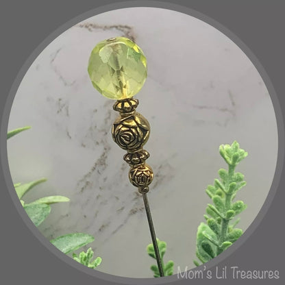 Light Yellow Glass Crystal - Gold Rose Design Bead - 8” Pin • Hatpin - Stick Pin