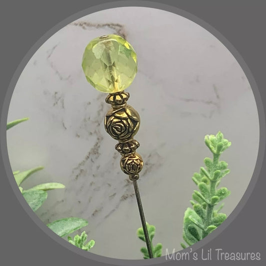 Light Yellow Glass Crystal - Gold Rose Design Bead - 8” Pin • Hatpin - Stick Pin