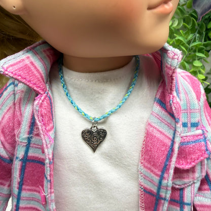 Turquoise Light Blue Braided Thread Doll Necklace Silver Heart Charm • 18 Inch Fashion Doll Jewelry