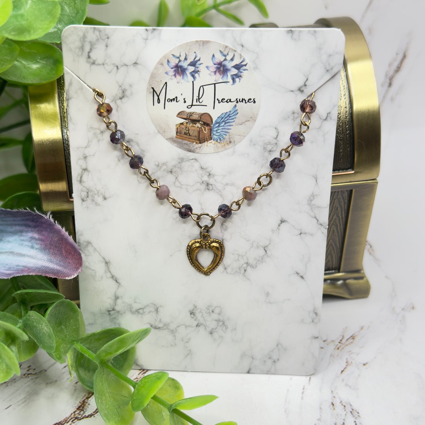 Multi Tone Purple Glass Crystal Bead Chain Gold Heart Charm Doll Necklace • 14 Inch Fashion Doll Jewelry