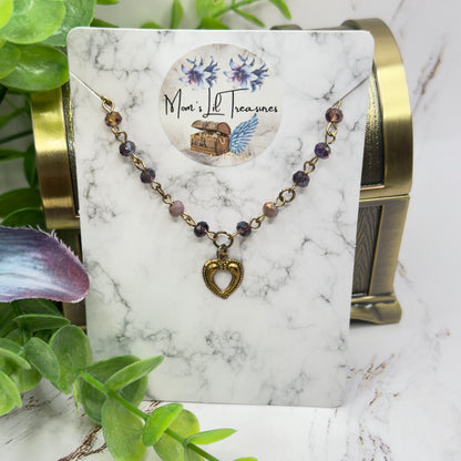 Multi Tone Purple Glass Crystal Bead Chain Gold Heart Charm Doll Necklace • 14 Inch Fashion Doll Jewelry