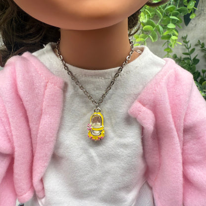 Yellow Marie Jane Shoe Charm w/ Pink Flowers Doll Necklace • 18 Inch Fashion Doll Jewelry