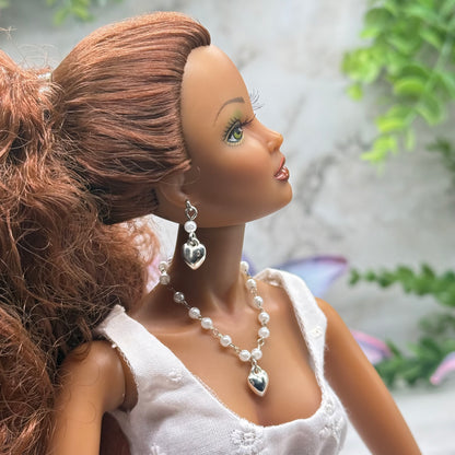 Pearl Beaded Silver Heart Charm Doll Necklace & Earrings • 16 Inch Fashion Doll Jewelry