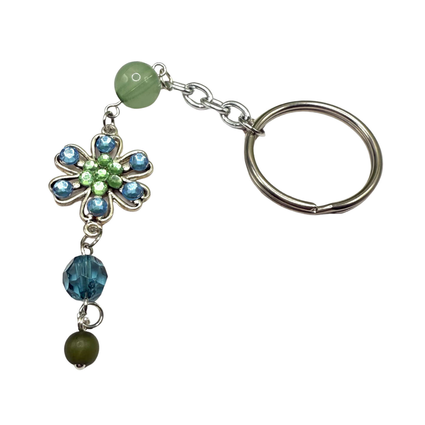 Silver Flower Light Blue Green Rhinestone Acrylic Beads • Key Chain / Car Charm