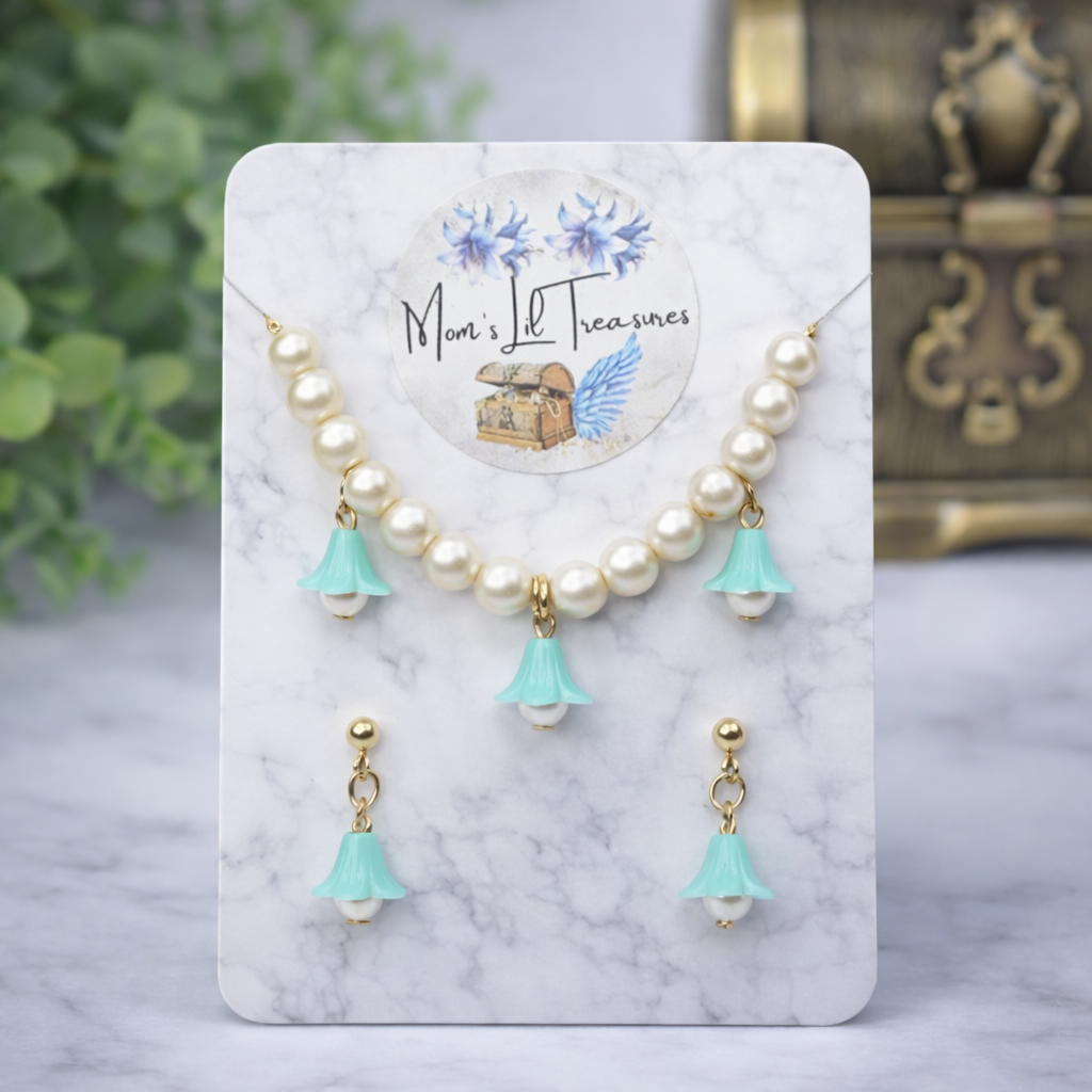 Turquoise Blue Bell Flower Dangle Pearl Beaded Doll Necklace & Earrings • 14 Inch Fashion Doll Jewelry