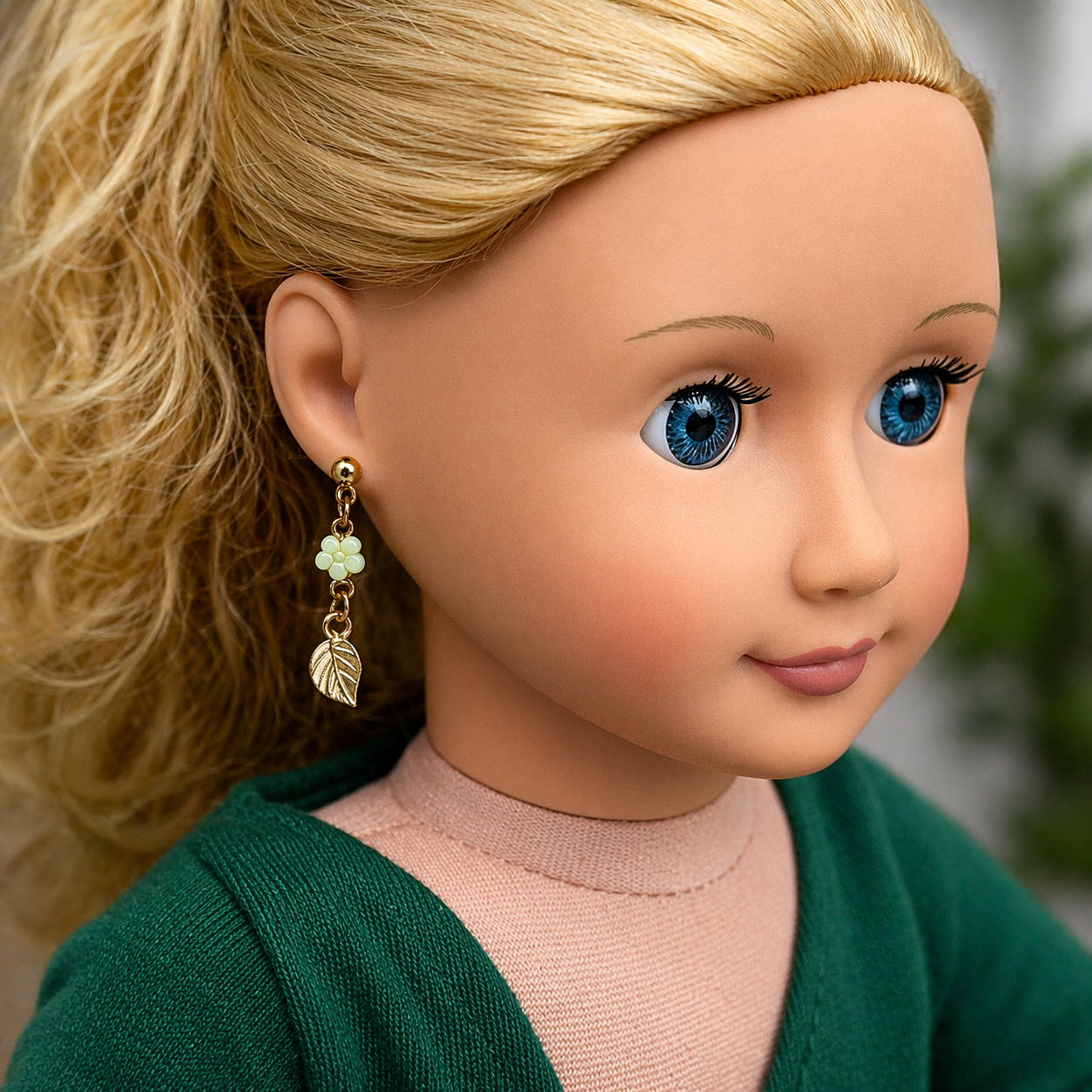 Light Green Flower Gold Leaf Dangle Doll Earrings for 18 Inch Doll Jewelry