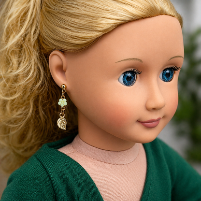 Light Green Flower Gold Leaf Dangle Doll Earrings for 18 Inch Doll Jewelry