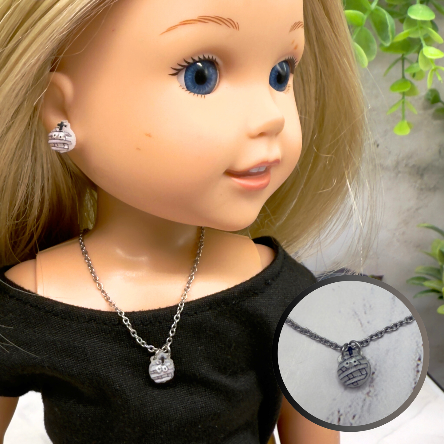 Mummy Halloween Doll Necklace and Earrings Set • 14 Inch Doll Jewelry