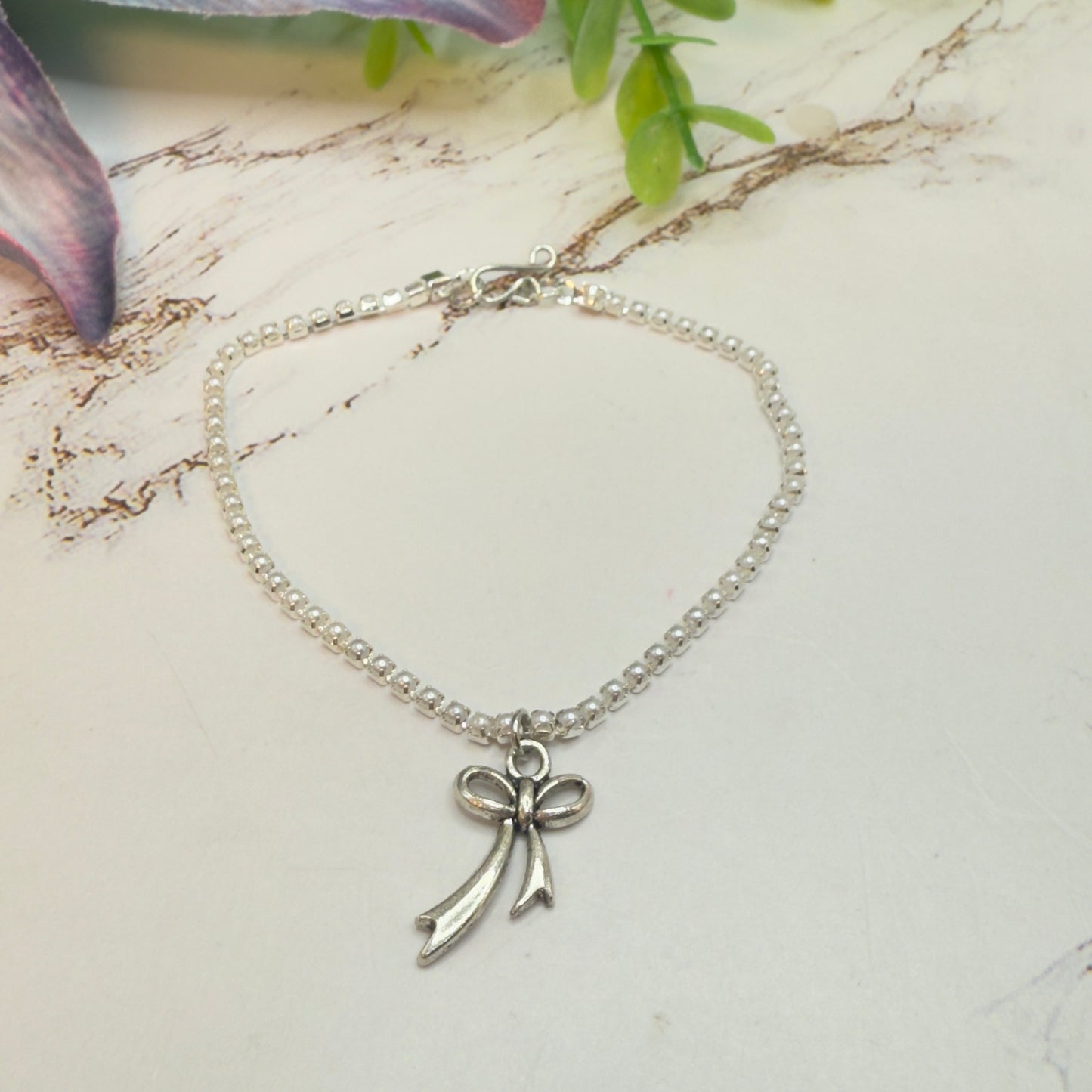 Tiny Pearl Cup Chain Silver Necklace Silver Bow Ribbon Charm Doll Necklace for 18 Inch Fashion Doll Jewelry