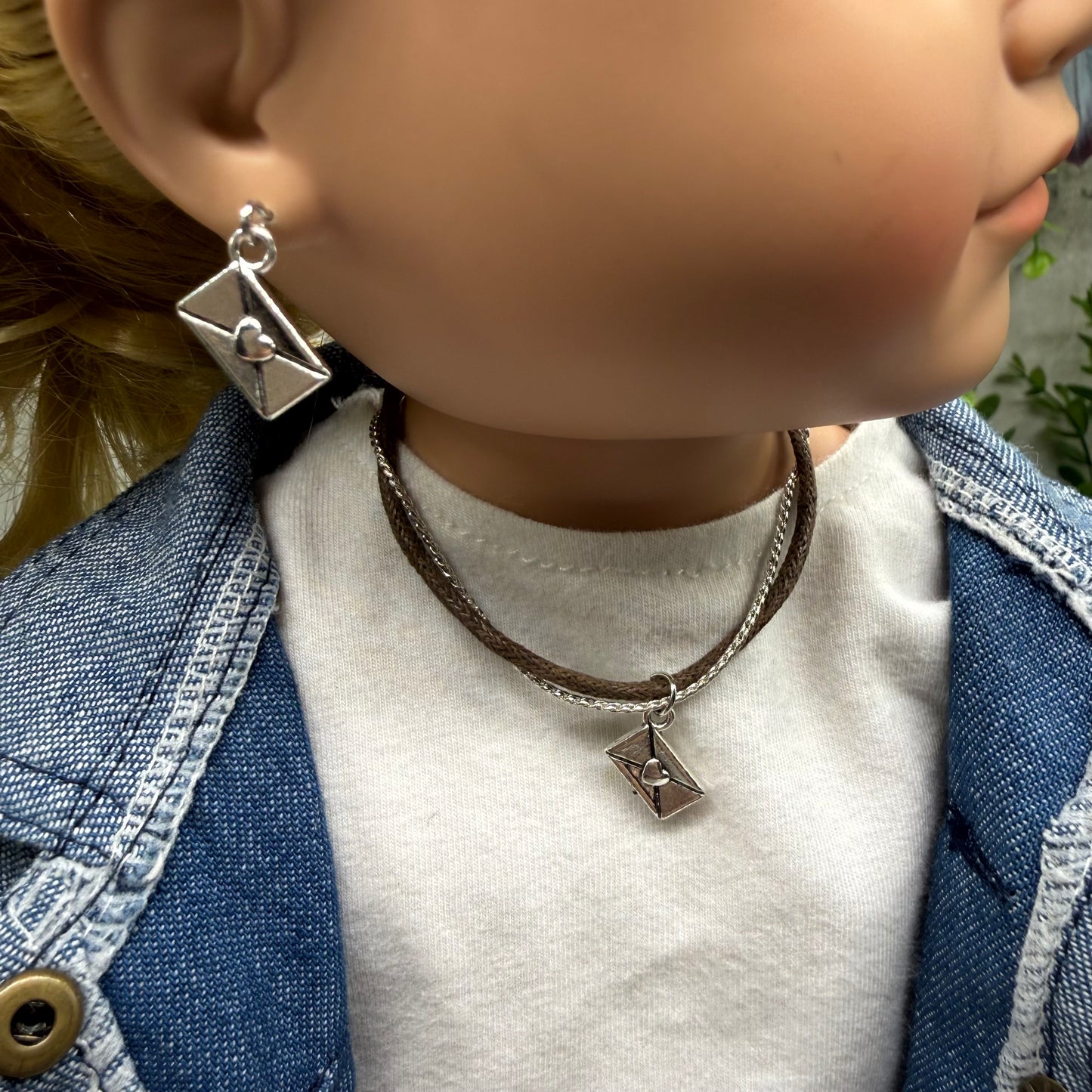 Brown Cord Silver Chain Love Letter Envelope Charm Doll Necklace & Earrings • 18 Inch Fashion Doll Jewelry