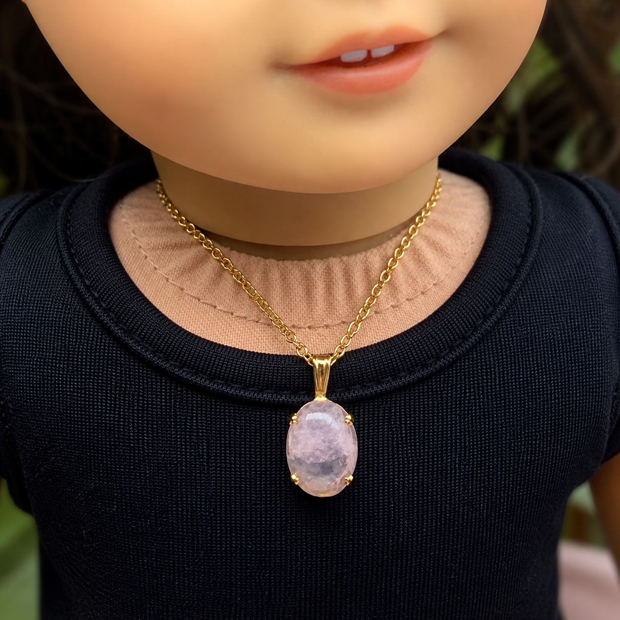 Oval Opal Light Pink Glass Pendant Gold Chain Doll Necklace • 18” Doll Jewelry