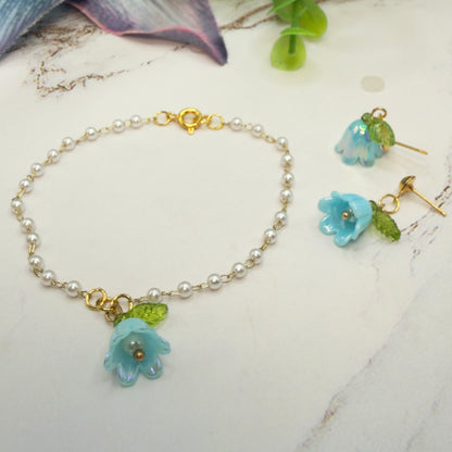 Turquoise Blue Bell Flower Lily of Valley Charm Pearl Beaded Doll Necklace & Earrings • 18 Inch Fashion Doll Jewelry