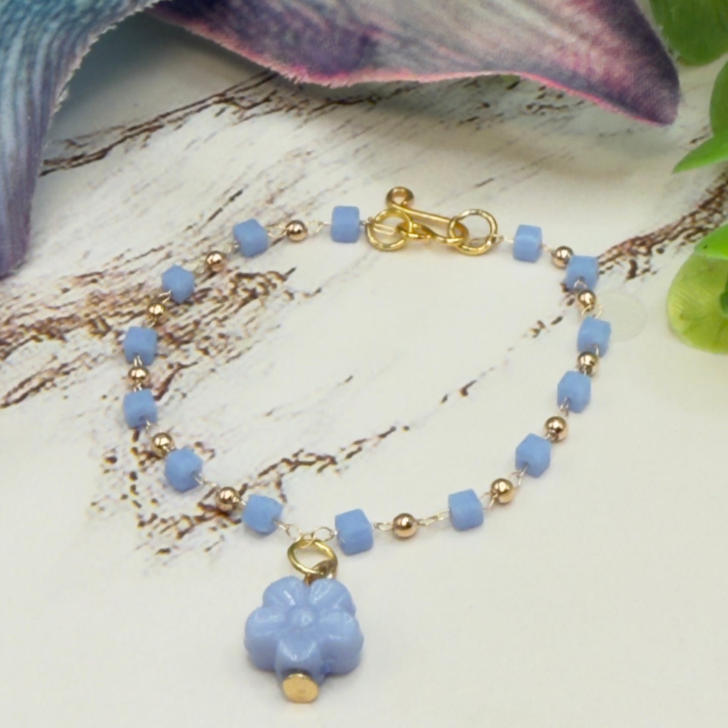 Blue Flower Charm Blue Square & Gold Beaded Doll Necklace • 14 Inch Fashion Doll Jewelry