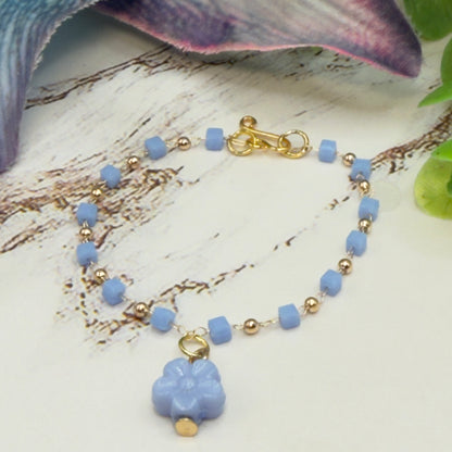Blue Flower Charm Blue Square & Gold Beaded Doll Necklace • 14 Inch Fashion Doll Jewelry