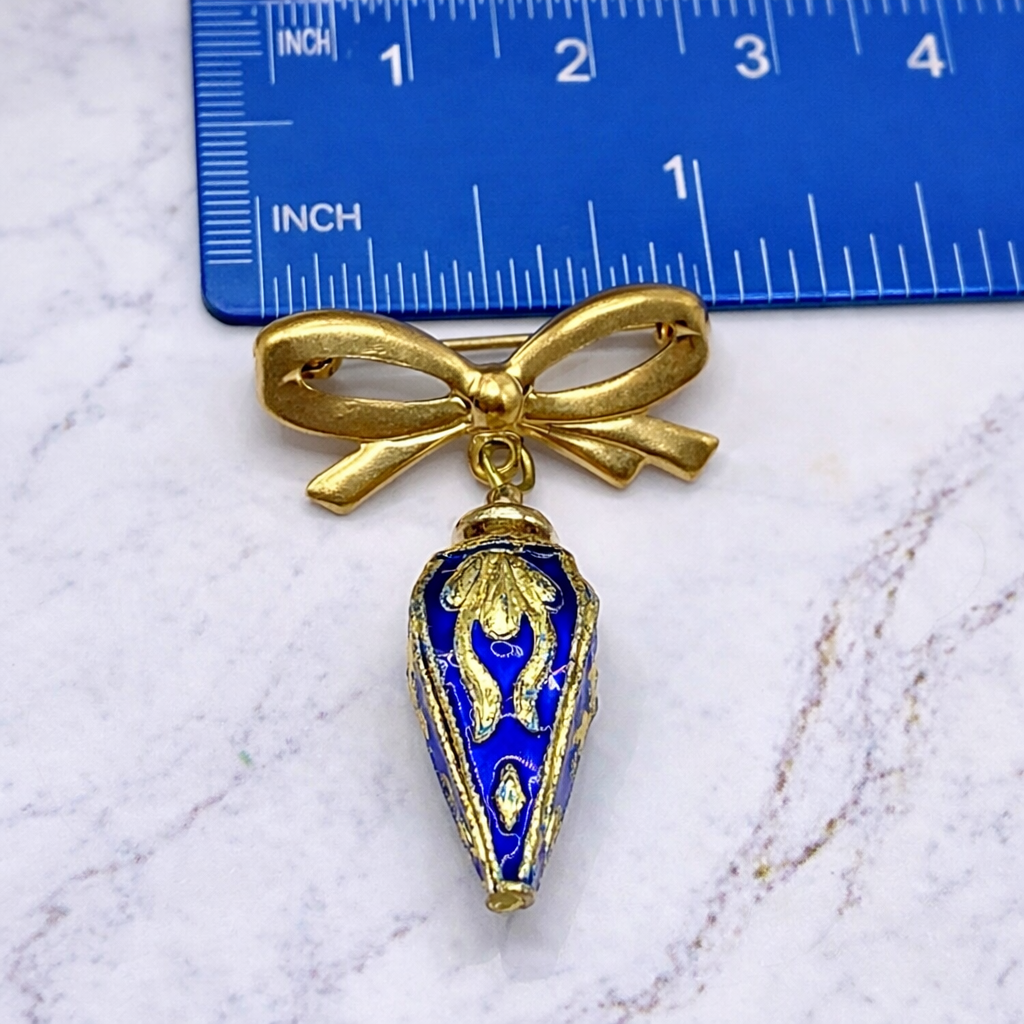 Blue Cloisonné Gold Design Teardrop Dangle Pendant Bow Shaped Pin • Doll Brooch