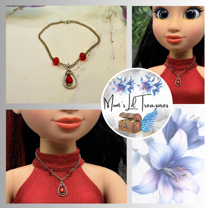 Red Glass Crystal Teardrop Rhinestone Pendant Silver Chain Doll Necklace • 18 Inch Fashion Doll Jewelry