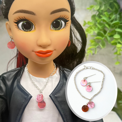 Pink Brown Round Dangle Doll Necklace & Earrings Set • 18 Inch Fashion Doll Jewelry