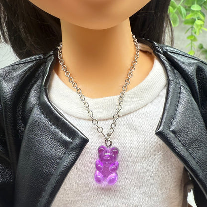 Translucent Purple Gummy Teddy Bear Charm Doll Necklace • 18 Inch Fashion Doll Jewelry