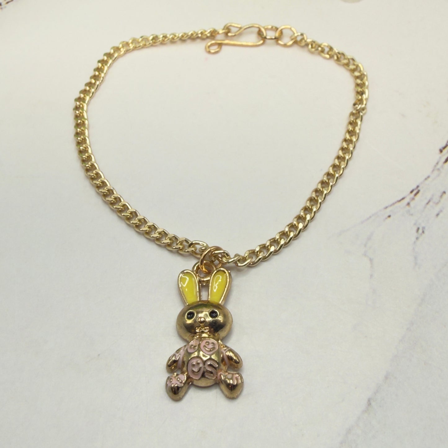 Bunny Yellow & Pink Enamel Detail Charm Doll Necklace Easter • 18 Inch Fashion Doll Jewelry