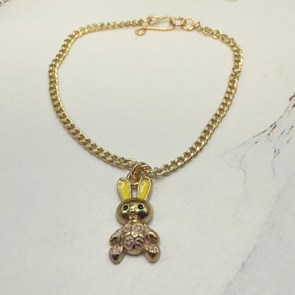 Bunny Yellow & Pink Enamel Detail Charm Doll Necklace Easter • 18 Inch Fashion Doll Jewelry