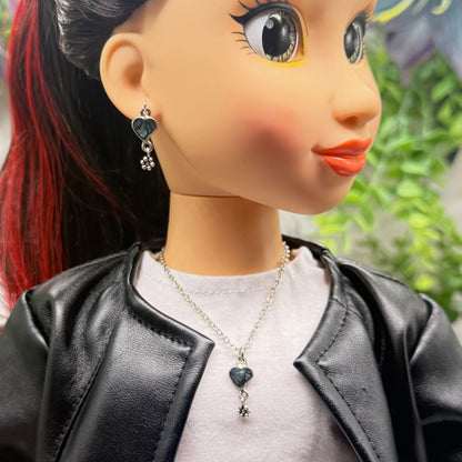 Abalone Silver Heart Dangle Doll Necklace & Earrings Set • 18 Inch Fashion Doll Jewelry