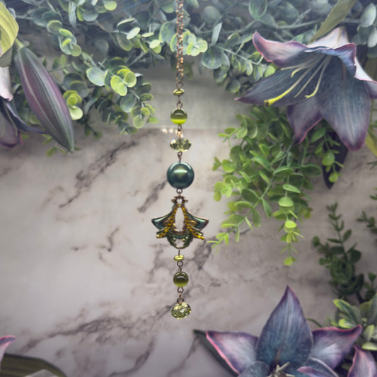 Green  Enamel  Rhinestone  Acrylic Beaded Chain • Car Mirror Charm / Sun Catcher