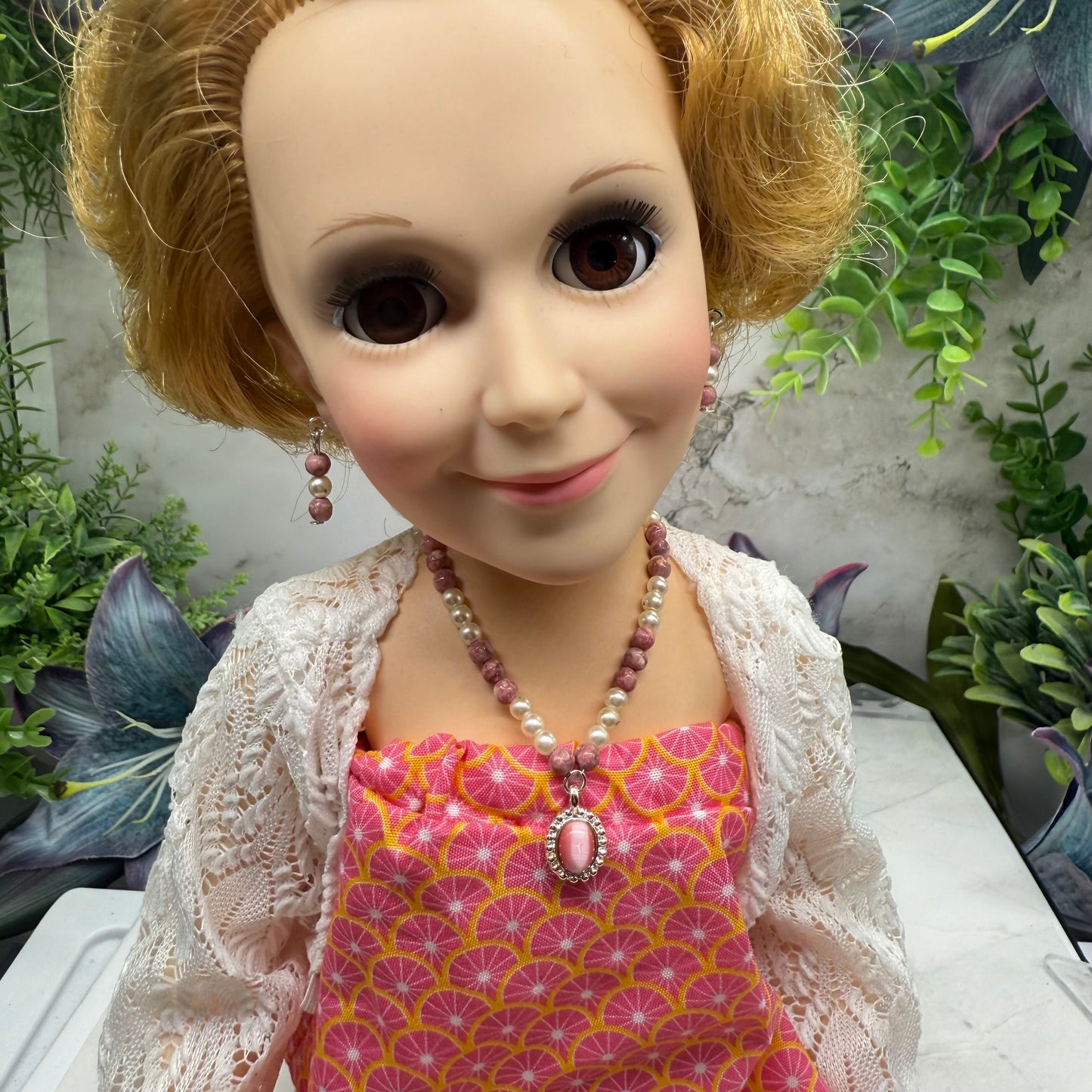 Pink Glass Pearl Oval Pendant Doll Necklace & Earrings • 18 Inch Fashion Doll Jewelry