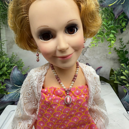 Pink Glass Pearl Oval Pendant Doll Necklace & Earrings • 18 Inch Fashion Doll Jewelry