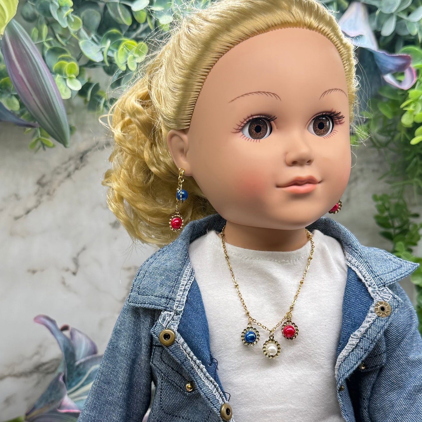 Red White Blue Pearl Dangle Gold Doll Necklace & Earrings Set for 18 Inch Fashion Doll