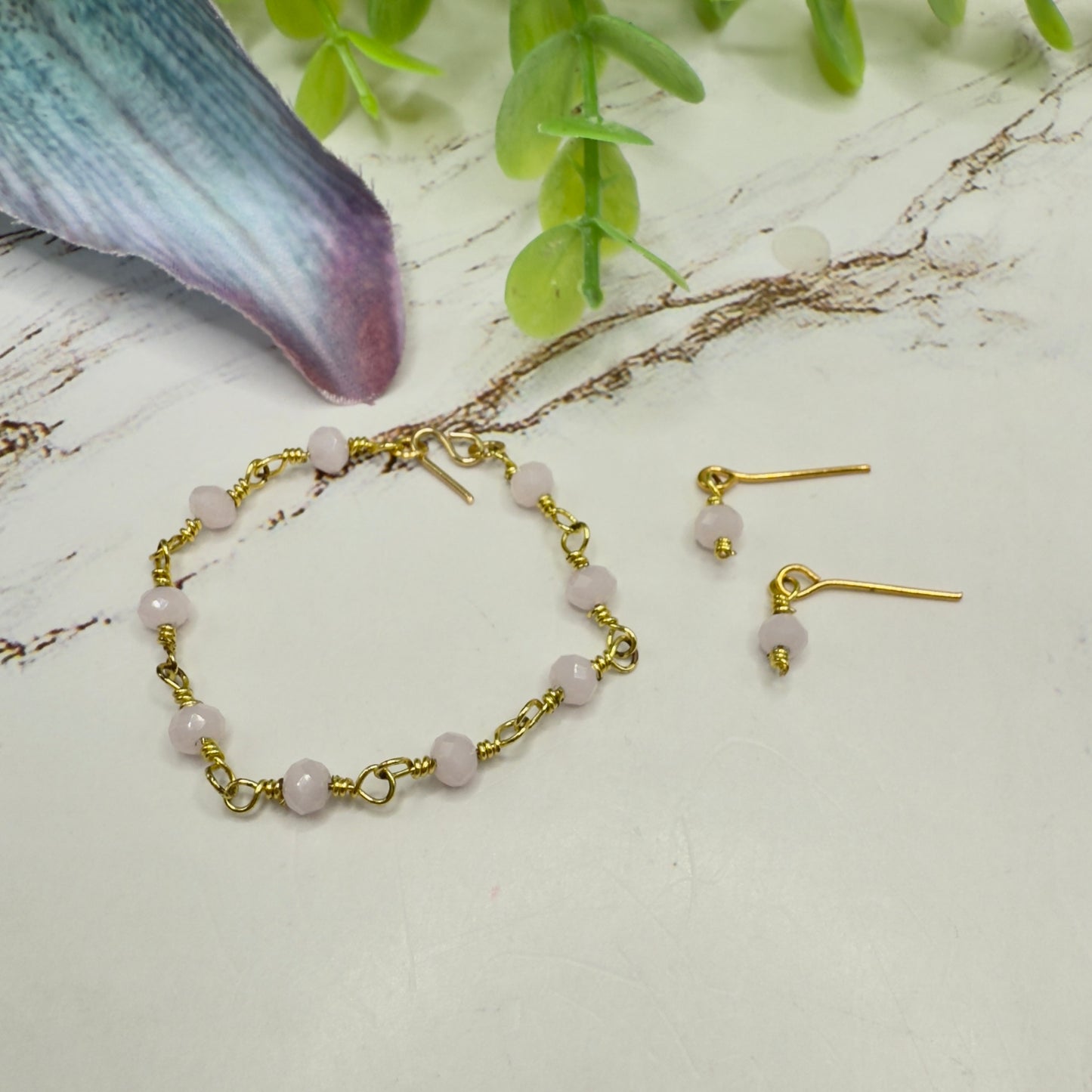 Light Pink Glass Beaded Gold Doll Necklace & Earrings • 16 Inch Fashion Doll Jewelry