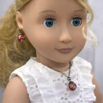 Red Glass Drop Floral Design Pendant Doll Necklace Earring Set 18” Doll Jewelry