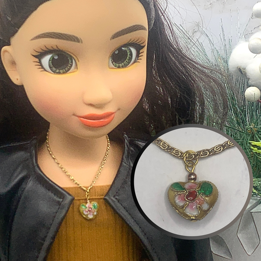 Cloisonné Heart Flower Design Charm Gold Chain Doll Necklace • 18” Doll Jewelry