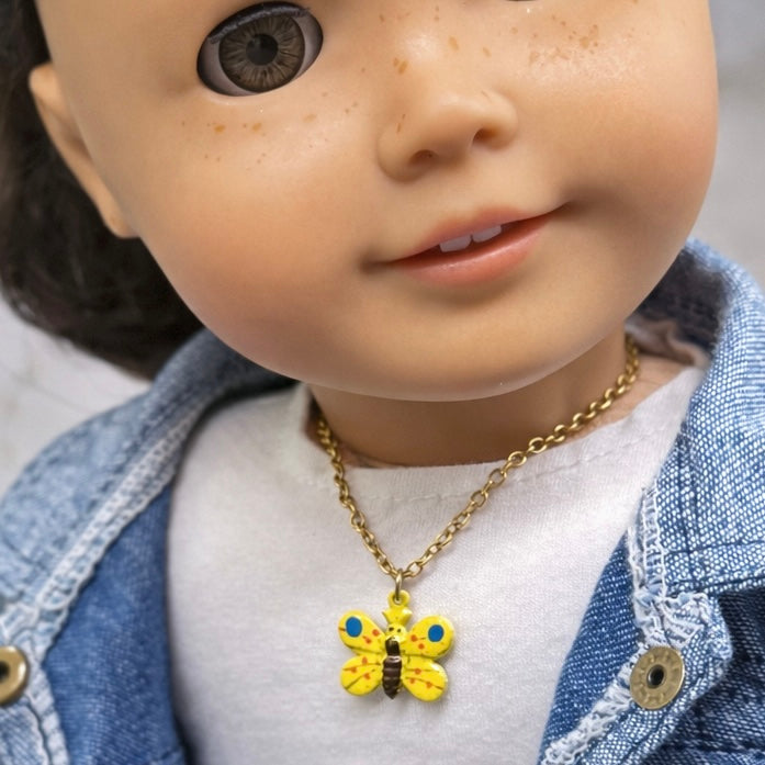 Yellow Enamel Butterfly Charm Gold Chain Doll Necklace • 18 Inch Fashion Doll Jewelry