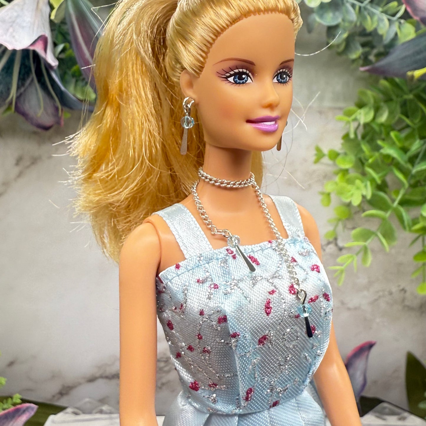 Light Blue Crystal Silver Dangle Wrap Layer Style Doll Necklace / Belt & Earrings • 10-12 Inch Fashion Doll Jewelry 1:6