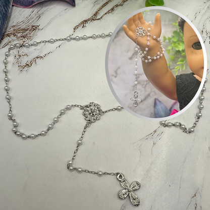 White Pearl Silver Chain & Cross • Doll Size Catholic Rosary for 18-22” Fashion or Vintage Dolls