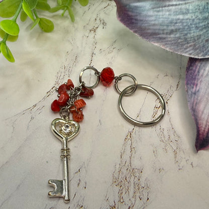 Silver Heart Top Key Charm Red Glass Stone Dangles Key Chain / Car Charm