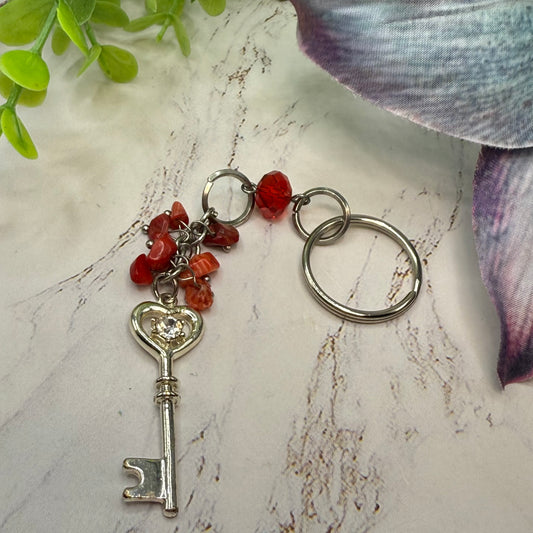 Silver Heart Top Key Charm Red Glass Stone Dangles Key Chain / Car Charm