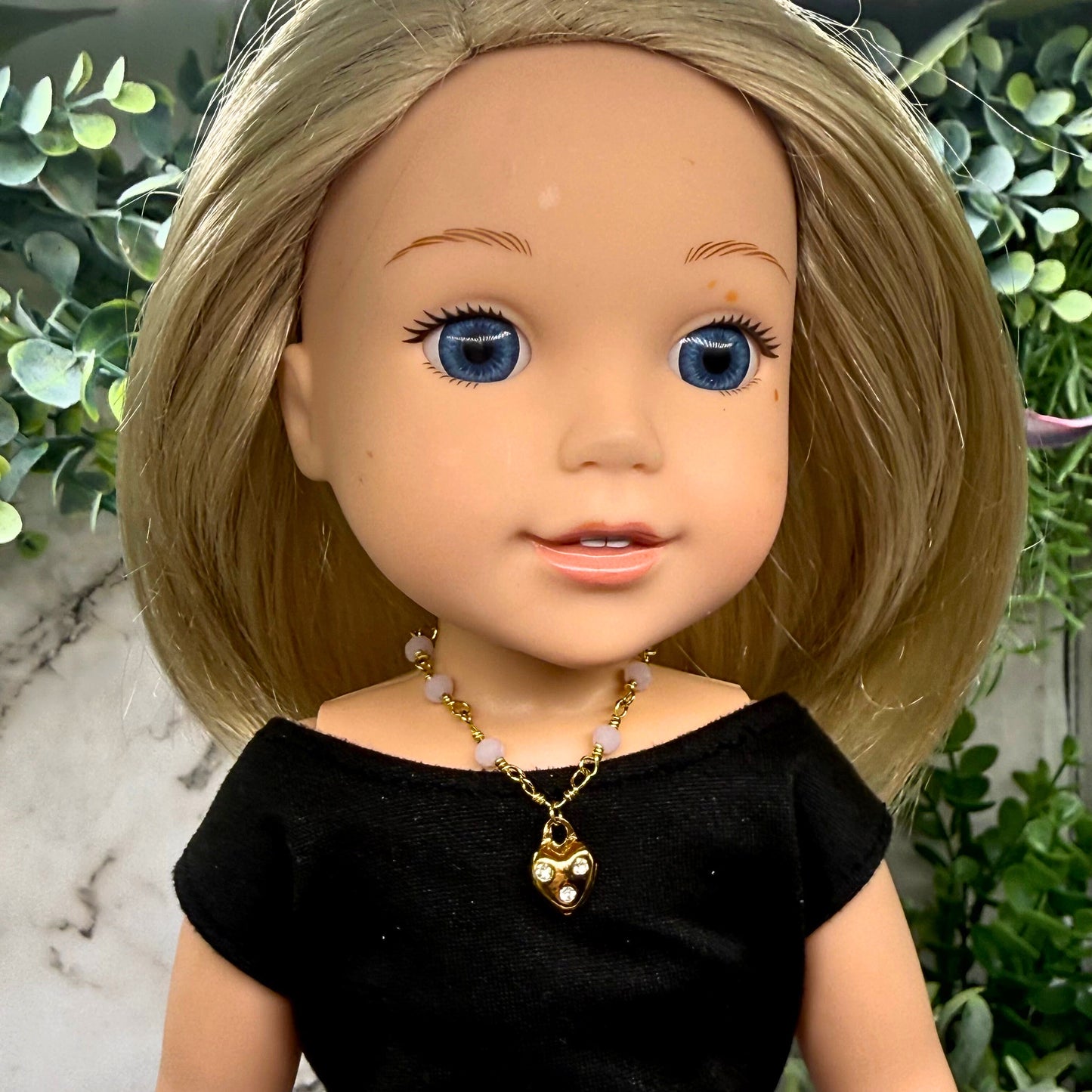 Light Pink Glass Bead Gold Heart Charm Doll Necklace • 14 Inch Fashion Doll Jewelry
